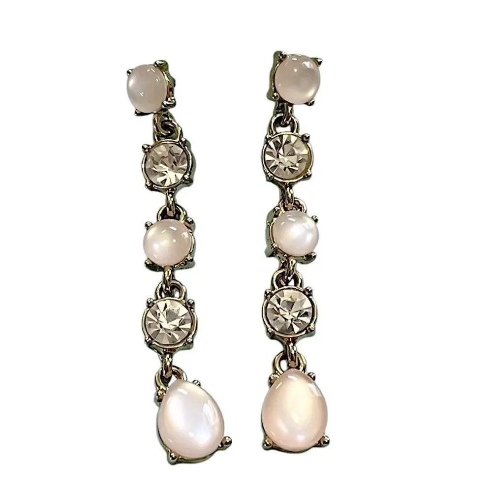 🌴 Gold & Pearl Crystal Drop Earrings | Elegant 2” Dangling Dangle